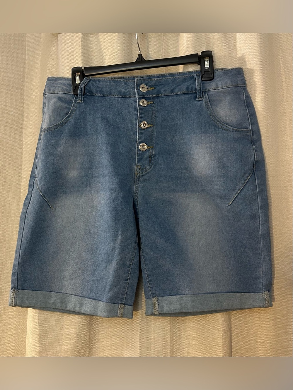 Mid-Rise Button-Front Stretch Denim Shorts